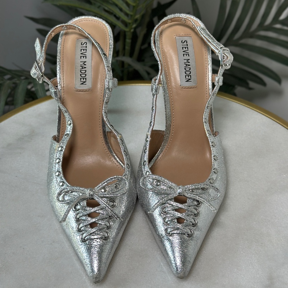 Steve Madden Women’s Silver Vivant Stiletto Corset Heels size 9